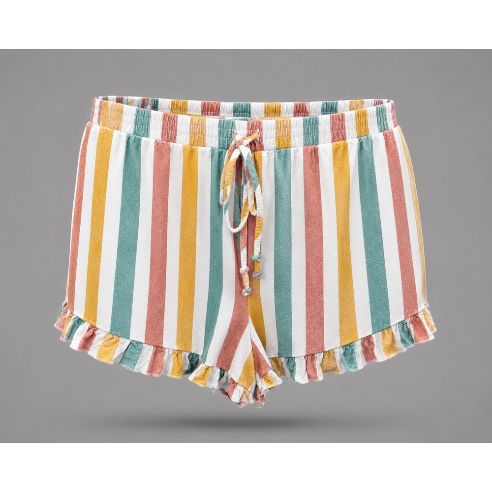 🍁American Eagle Striped Ruffle Hem Shorts Medium Multicolor Drawstring Viscose